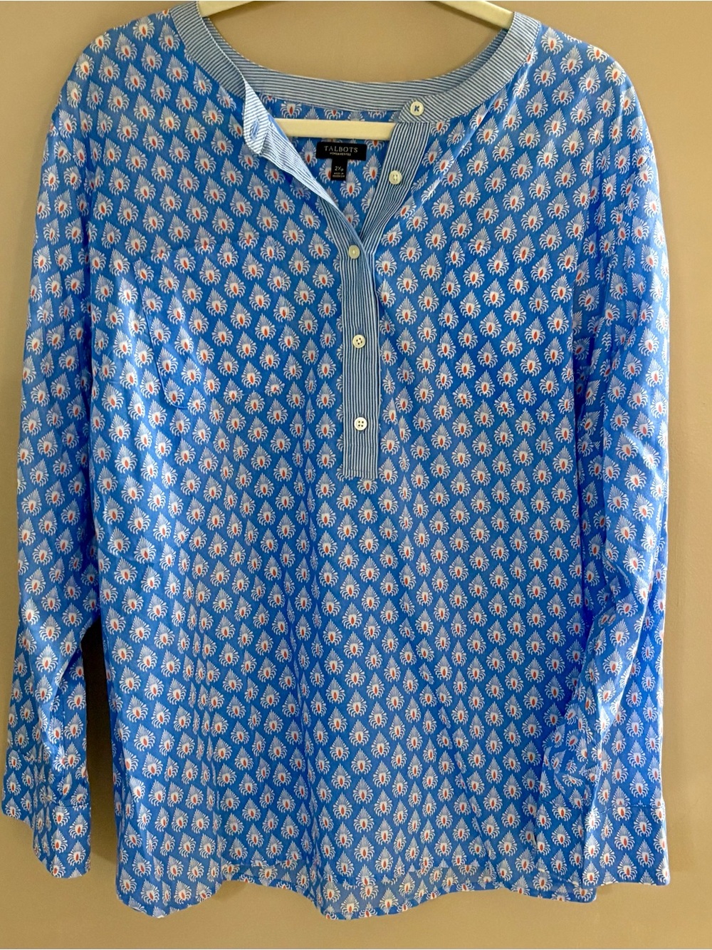 Talbots 2XP Blue Popover Blouse w/ Orange and White Print